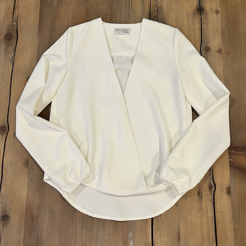 EXECUTIVE PONIES Women's White Chiffon Wrap Blouse Long Sleeve Top Sz 6